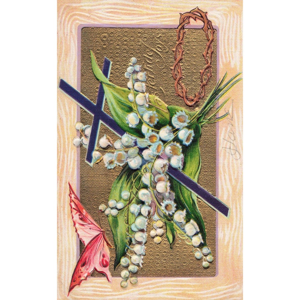 Antique Embossed Easter Postcard Cross Lily of the Valley Series 6 Butterfly VG - Picture 1 of 2